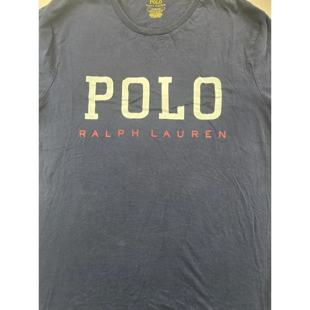 Polo Ralph Lauren Shirt Mens Large Navy Blue Custom Slim Fit Graphic Logo Tee